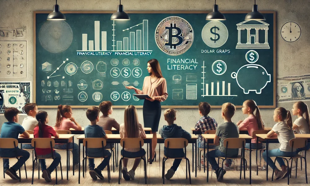 Grupo de alunos em sala de aula observando professor que segura uma moeda grande, ensinando conceitos de literacia financeira.