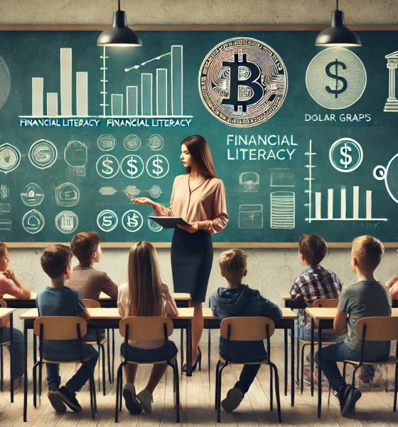 Grupo de alunos em sala de aula observando professor que segura uma moeda grande, ensinando conceitos de literacia financeira.