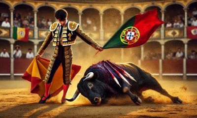 Imagem criada por IA. A dramatic bullfighting scene in a golden sand arena. A bullfighter, wearing a richly decorated traditional costume, is overpowering a large, muscular.