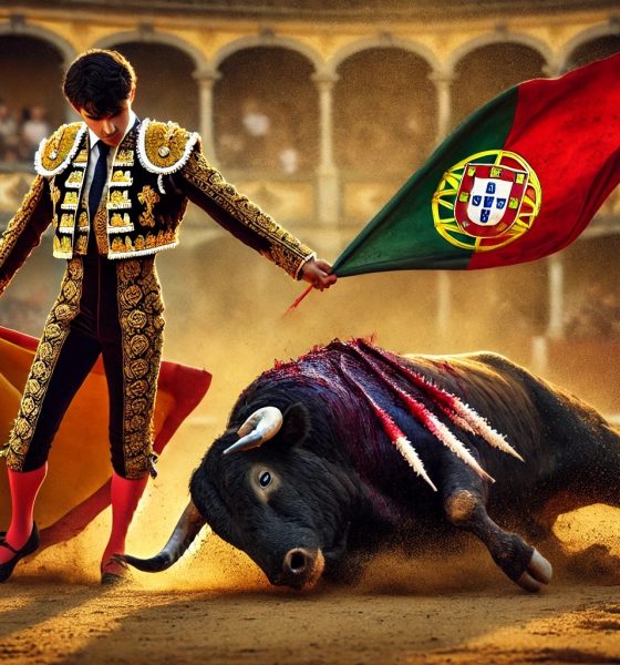 Imagem criada por IA. A dramatic bullfighting scene in a golden sand arena. A bullfighter, wearing a richly decorated traditional costume, is overpowering a large, muscular.