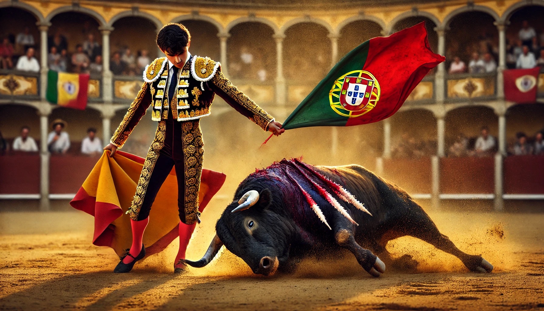 Imagem criada por IA. A dramatic bullfighting scene in a golden sand arena. A bullfighter, wearing a richly decorated traditional costume, is overpowering a large, muscular.