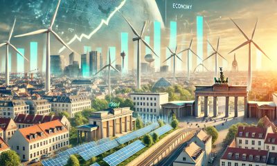 Cidade europeia futurista com turbinas eólicas e painéis solares. No fundo, marcos como a Torre Eiffel e o Portão de Brandemburgo simbolizam a economia. Um gráfico financeiro aparece no céu, representando crescimento e sustentabilidade.